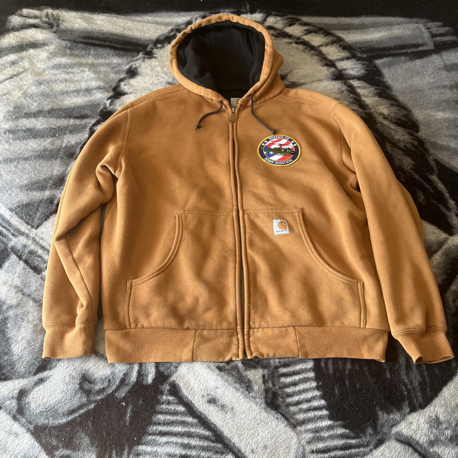 VTG Carhartt Brown Full Zip Hoodie Thermal Lined Men's Large W/Patch Aviation