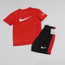 NWT 2pc Nike Red Shirt White Swoosh Logo  Black Shorts Set sz 4 or 6