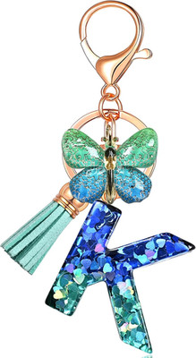 Initial letter Keychains for Women Tassel Butterfly Pink Purple Cute Car Keychai