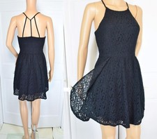 VTG 90s Abercombie Finch Mini Black Eyelet Lace Strappy Full Flared Sun Dress S