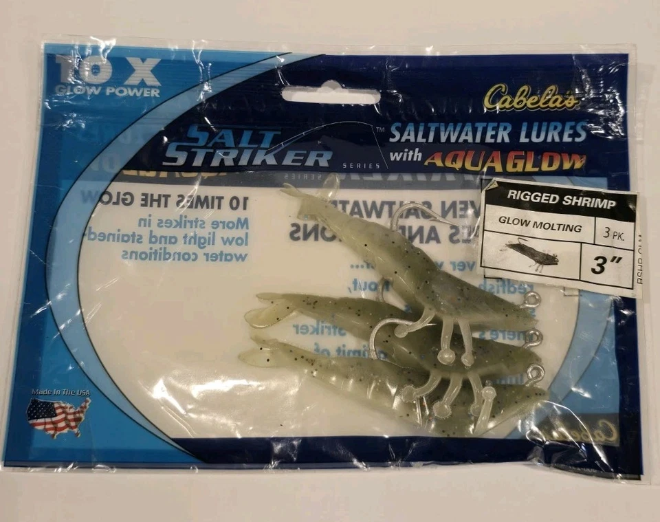 Cabelas Salt Striker 3" Aparejado Brillo Moldeo Camarones Agua Salada Señuelos Paquete de 3 - Nuevo de Lote Antiguo Foto 2 de 4