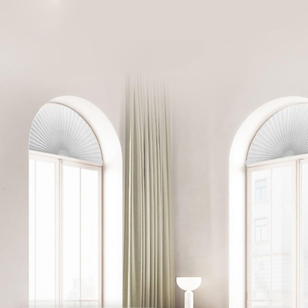 Arch Window Shade Curtains Half Circle Moon Pleated Fabric 36W x 18H, White 