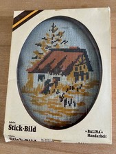 Gobelin Stick-Bild 18 x 24 cm zum selber sticken, Motiv Haus, oval, Holzrahmen