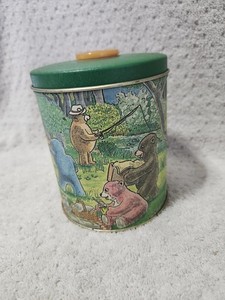 Decorative Tin Bear Picnic Scene Metal Container with Green Lid