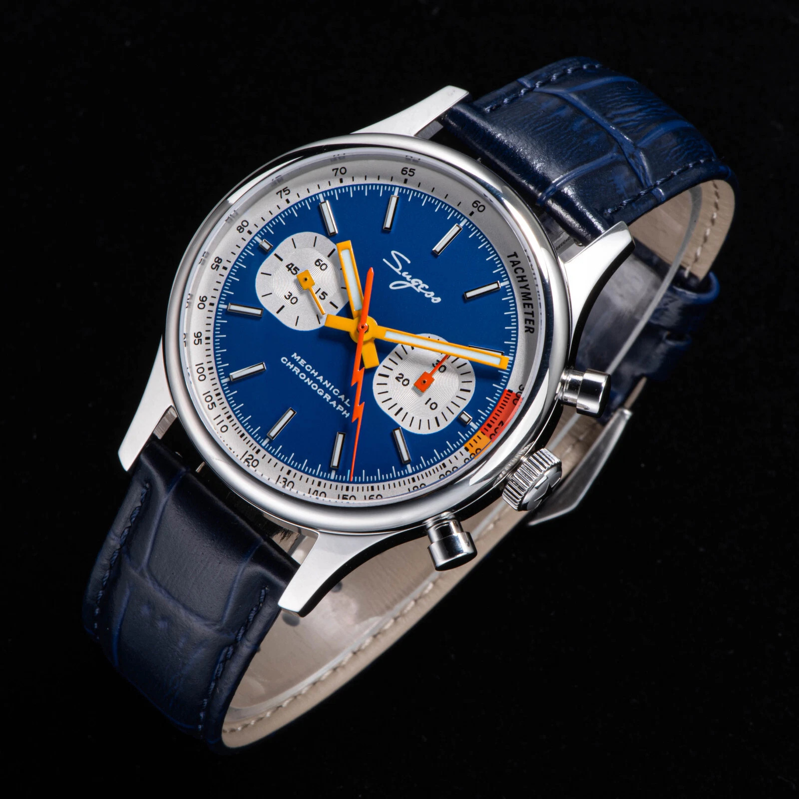 Reloj pulsera Sugess Chrono Heritage cuello de cisne esfera crono SEAGULL 1963 azul