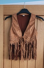 Image of Brown Country Western Suede Style Tassle Tie Waistcoat Vest Size S