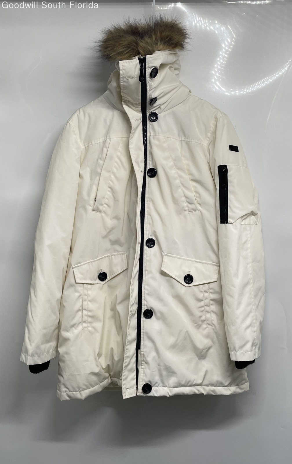 Vince Camuto Womens Cream Long Sleeve Fur Trim Full-Zip Hooded Parka Coat Size L