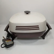 West Bend 12-inch Electric Skillet 1440 Non-stick Tan Brown Stripe Dome Lid