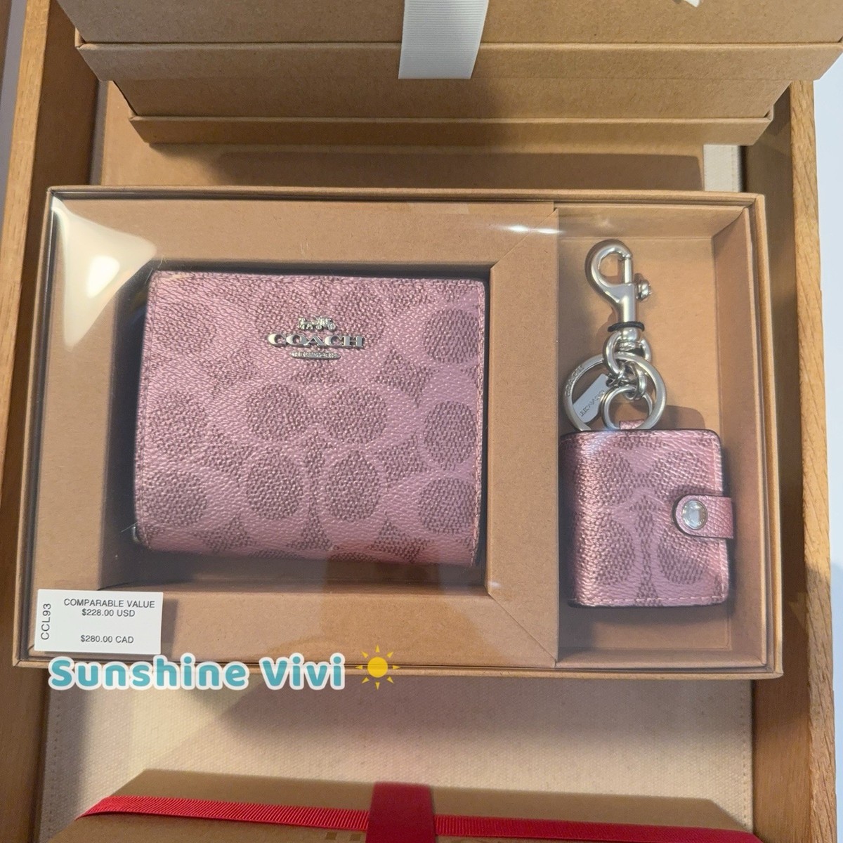 NWT Coach Boxed Snap Wallet and Picture Frame Bag Charm CCL93 pink