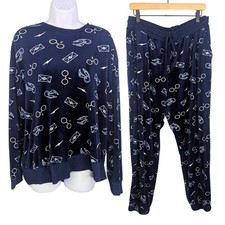 Harry Potter Pajama Set Womens XL Navy Velour Loungewear Sleep Winter Cozy