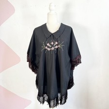 Vintage Style Embroidered Fringe Poncho Floral Western Festival One Size