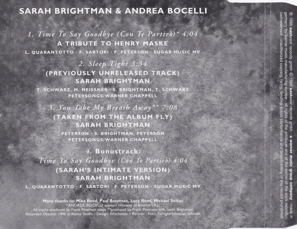 Sarah Brightman & Andrea Bocelli - Time To Say Goodbye (4 Track Maxi CD) - Bild 2 von 2