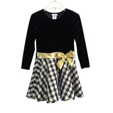 Bonnie Jean Holiday Dress Girls Size 14 Black Velvet Gold Bow Plaid Long Sleeve