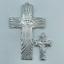 MEXICAN Pewter Cross Wall Art Set of 2 Eye Design Religious Home Decor NEW