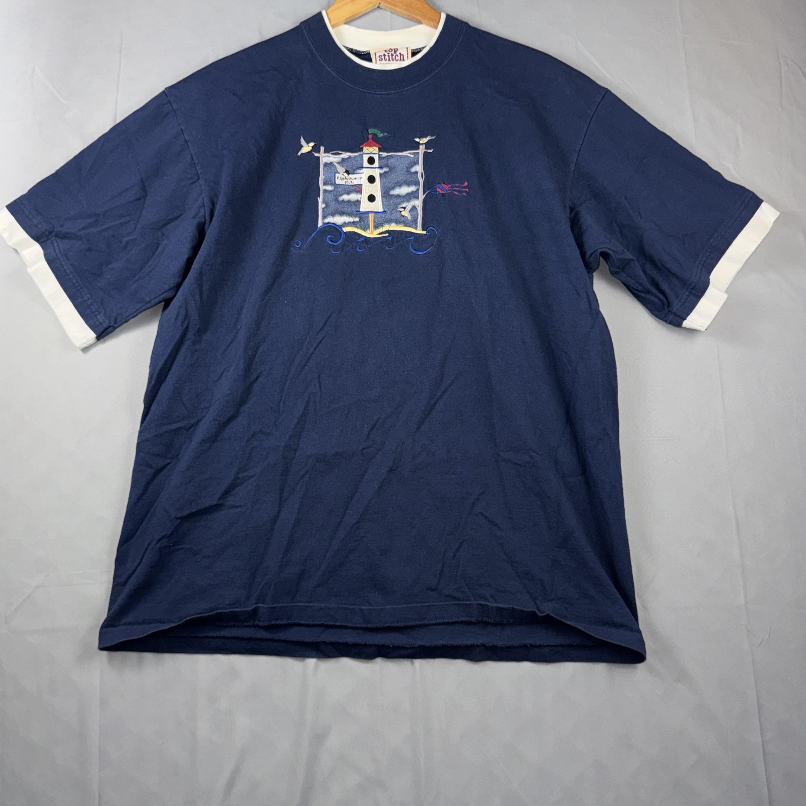 Vintage Top Stitch Shirt Womens 2X Blue Lighthouse Embroidered Ringer Tee USA