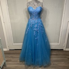 Ellie Wilde Mon Cheri Blue Prom Dress Strapless Princess Sequin Corset Sz 8