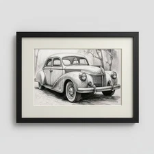 Vintage Car Charcoal Graphite Pencil Sketch Art Printable Image Digital Download