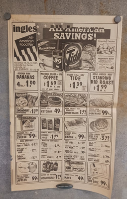 Vtg 1985 Ingles Tide JFG Maxwell House Borden Coke Duke's Grocery Food Prices Ad