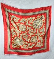 Vtg Satin Paisley Scarf 100 Acetate 28  Square 70s Orange Colorful Mod Japan