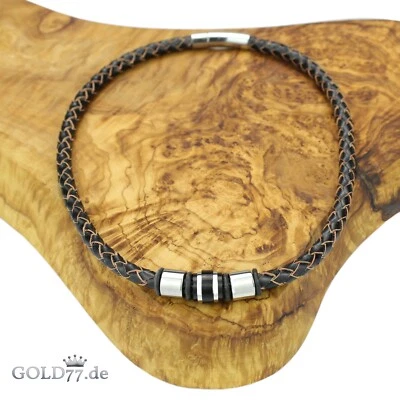 Lederkette -Halsband mit Metall-Perlen + Firestone-Beads aus Edelstahl - Herren - Bild 1 von 4