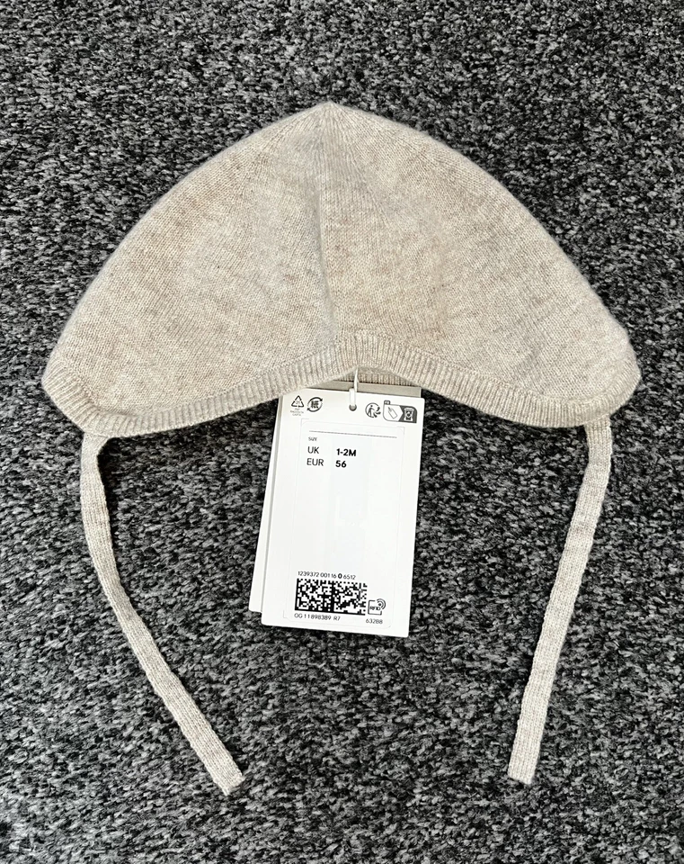 Chapéu boné de malha H&M bebê meninas meninos bege 100% puro cashmere 1-2 meses NOVO - Imagem 2 de 4