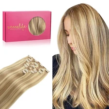 Wennalife Clip in Human Hair Extensions 14 inch 120g 7pcs Highlighted Blonde