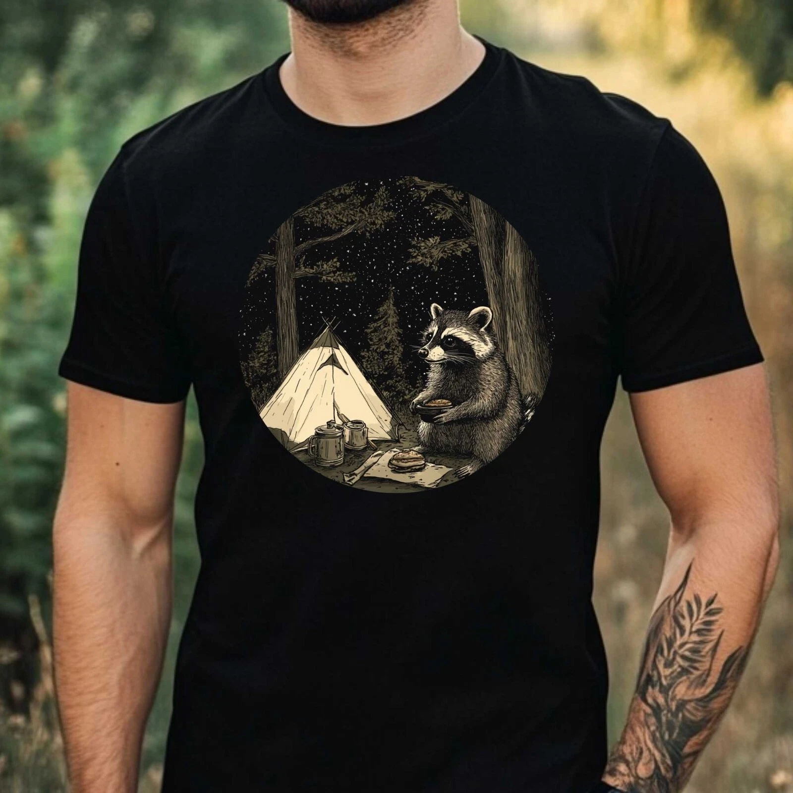 Mens Camping Raccoon Print Cotton T-Shirt Size XS to 5XL