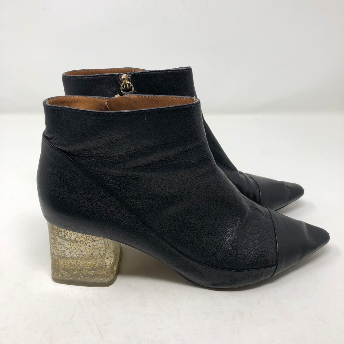 Zara Black Ankle Boot Block Glitter Heel Zip Pointed Toe Womens 41