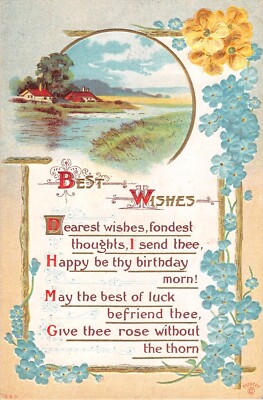 Forget-Me-Nots & Primroses by Best Wishes Motto & River Scene-1909 Postcard