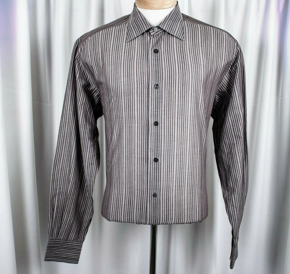 Camisa social masculina Z ZEGNA roxa lavanda cinza bronzeada listrada algodão tamanho XL - Imagem 3 de 4