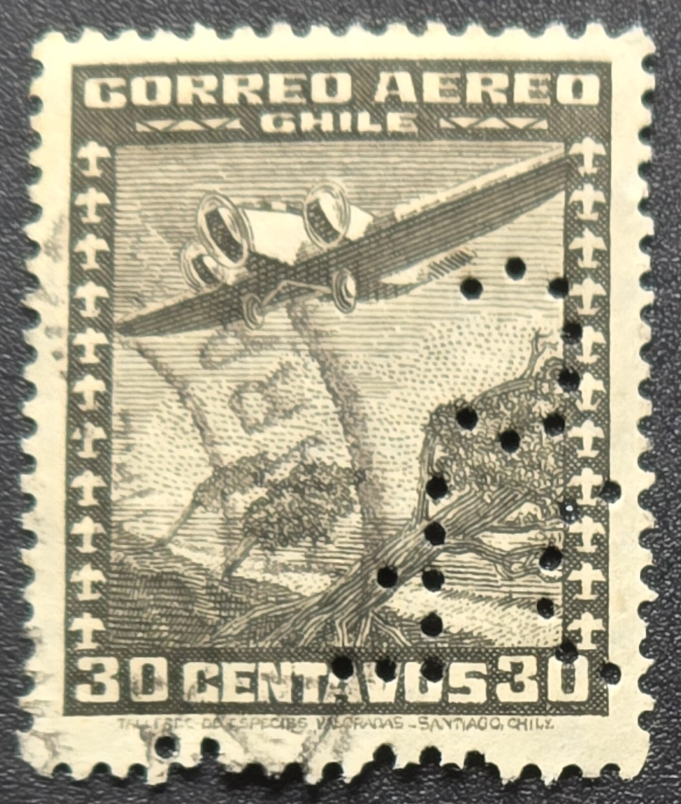 Travelstamp 1935 Chile Airmail Stamps Scott #C33 - 30c Perfin - Stamp