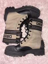 Christian Dior Women's Combat Boots Black Beige Lace Up Leather Canvas Size 38