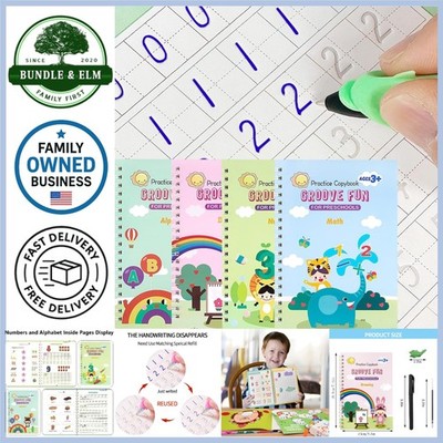 Kids Reusable Grooved Writing Practice Books Set Handwriting Numerals Letters...