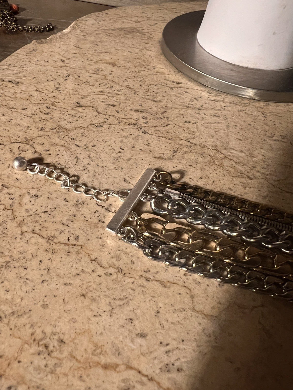 Vintage Jenny Bird 5 Chain Bracelet Chrome Silver Designer Signed 5.5-7.5”