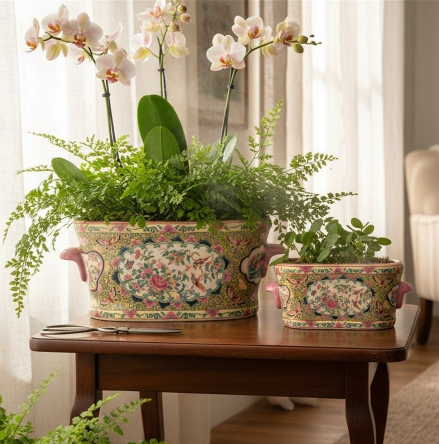 Vintage Style Chinese Rose Medallion Footbath Planters-Set of 2
