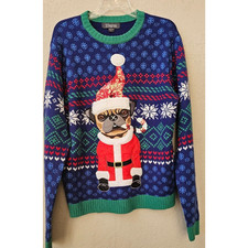 Ugly Christmas Holiday Sweater Pug Dog Smoking a Candycane Mens Large