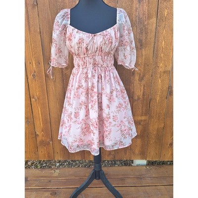 Mi Ami for Francesca's Pink Floral Puff Sleeve Milkmaid Mini Dress Size Small
