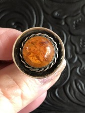 Vintage Amber Ring, Large 14mm Stone, Sterling Silver 925, Size 7