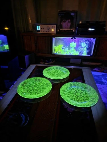 Vintage Set 3 Uranium Glass Saucer Plates 8.5" Etched Floral UV Glow