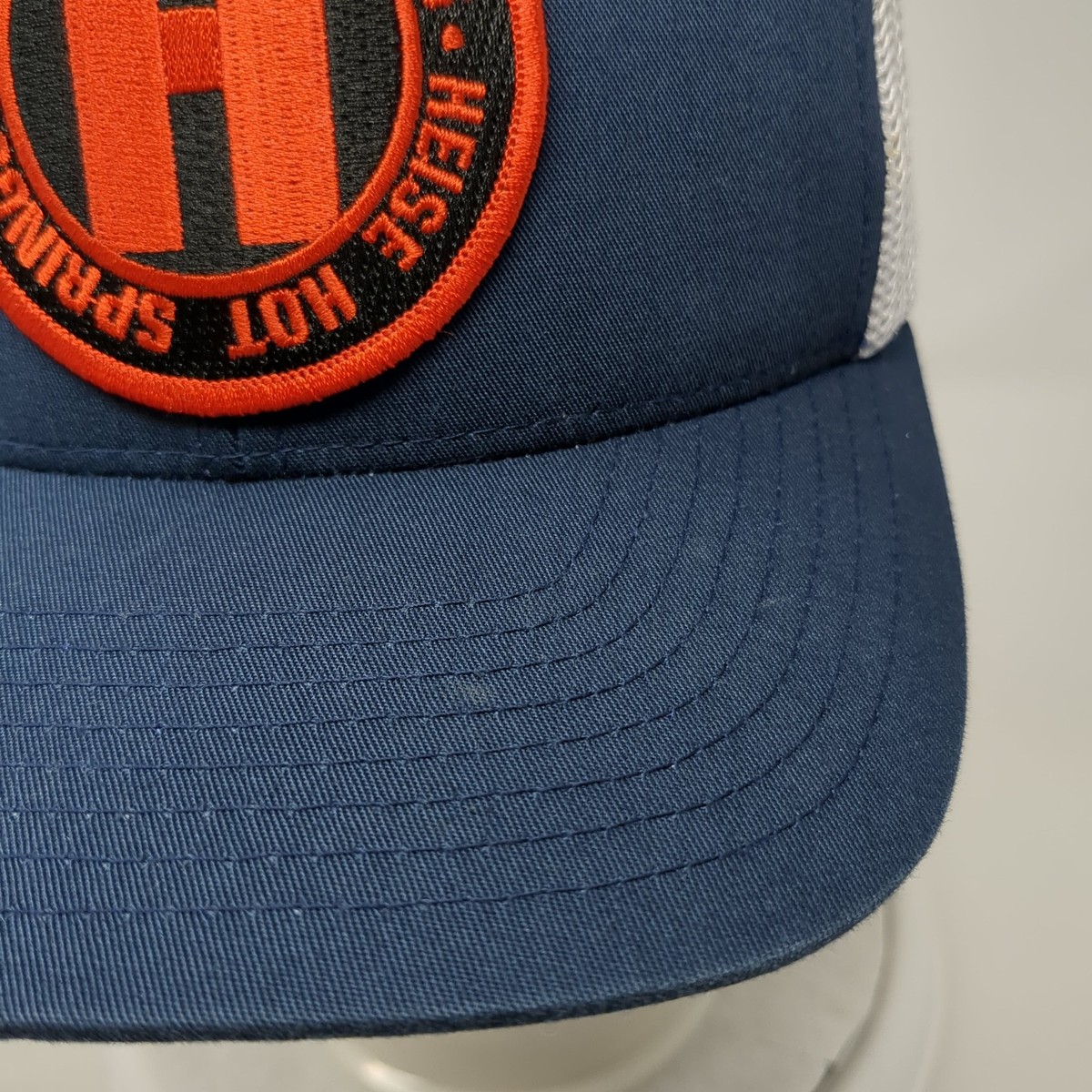 Heise Hot Springs Fitted Trucker Hat Blue OS Adjustable Mesh Flexfit Yupoong View 3