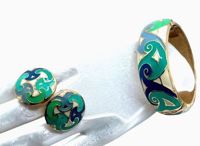 Eisenberg Artist Series RARE Enameled Bangle or Bracelet & Earring Set