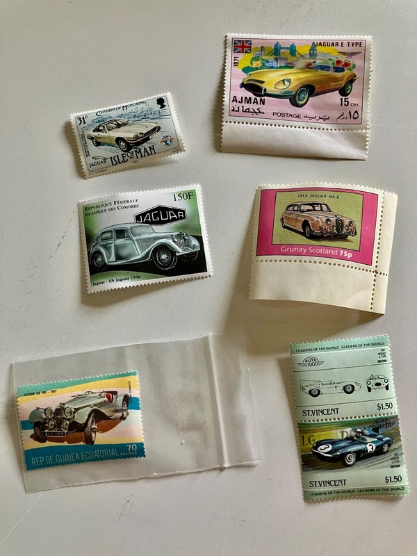 ten vintage Jaguar automobile collectable postage stamps