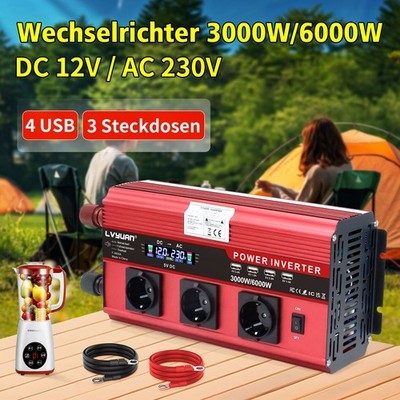 3000W 6000W Wechselrichter 12V/230V Auto Camping LCD 4USB 3AC Spannungswandler
