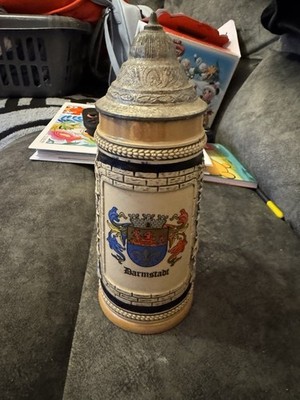 Handmalerei Darmstaot Beer Stein Pewter Lid with Original Price Tag Vintage