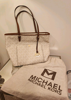 Michael Kors Signature MK Monogram Large Tote Zip Top Beige Brown w/ Dust Bag