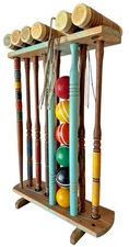 Antique CROQUET Set 6 Player w WOODEN Mallets Balls Stand Wickets Stake Vtg Rare