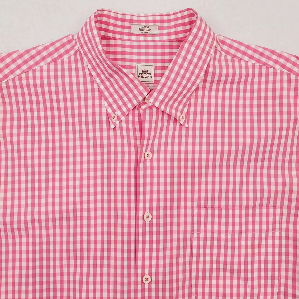 Peter Millar Shirt Mens Large Pink White Gingham Plaid Weekender Wash Preppy - Image 2 of 4