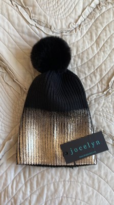 JOCELYN Metallic Gold Black Knit Hat Faux Fur Pom | eBay display picture 3