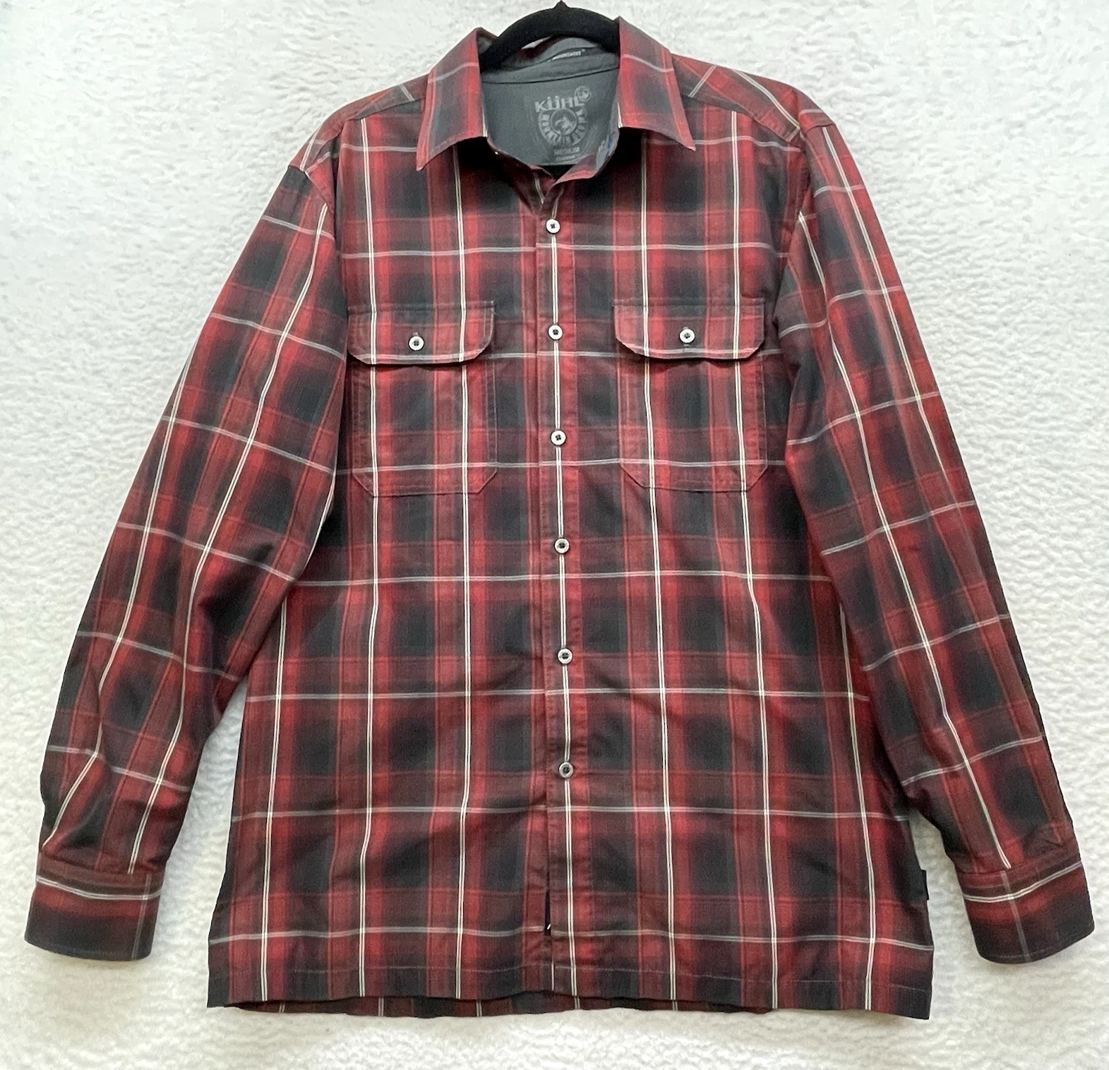 Kuhl Shirt Mens Medium Red Button Down Eluxor Plaid Outdoor Hiking Lumberjack