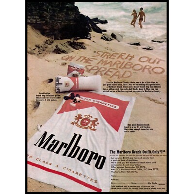 1970 Marlboro Cigarettes Beach Outfit Vintage Print Ad Couple Waves Surf  Photo
